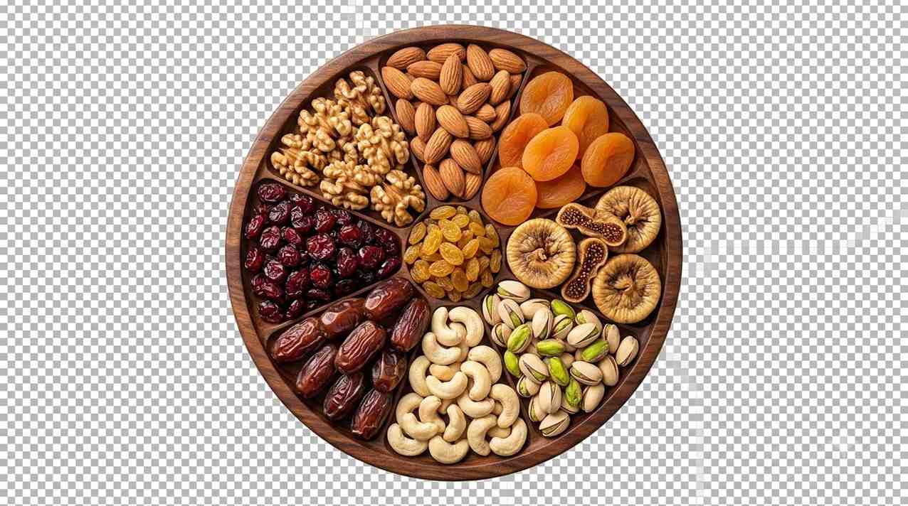 A wooden tray of nuts and dry fruits — cashews, almonds, pistachios, dates, figs, apricots