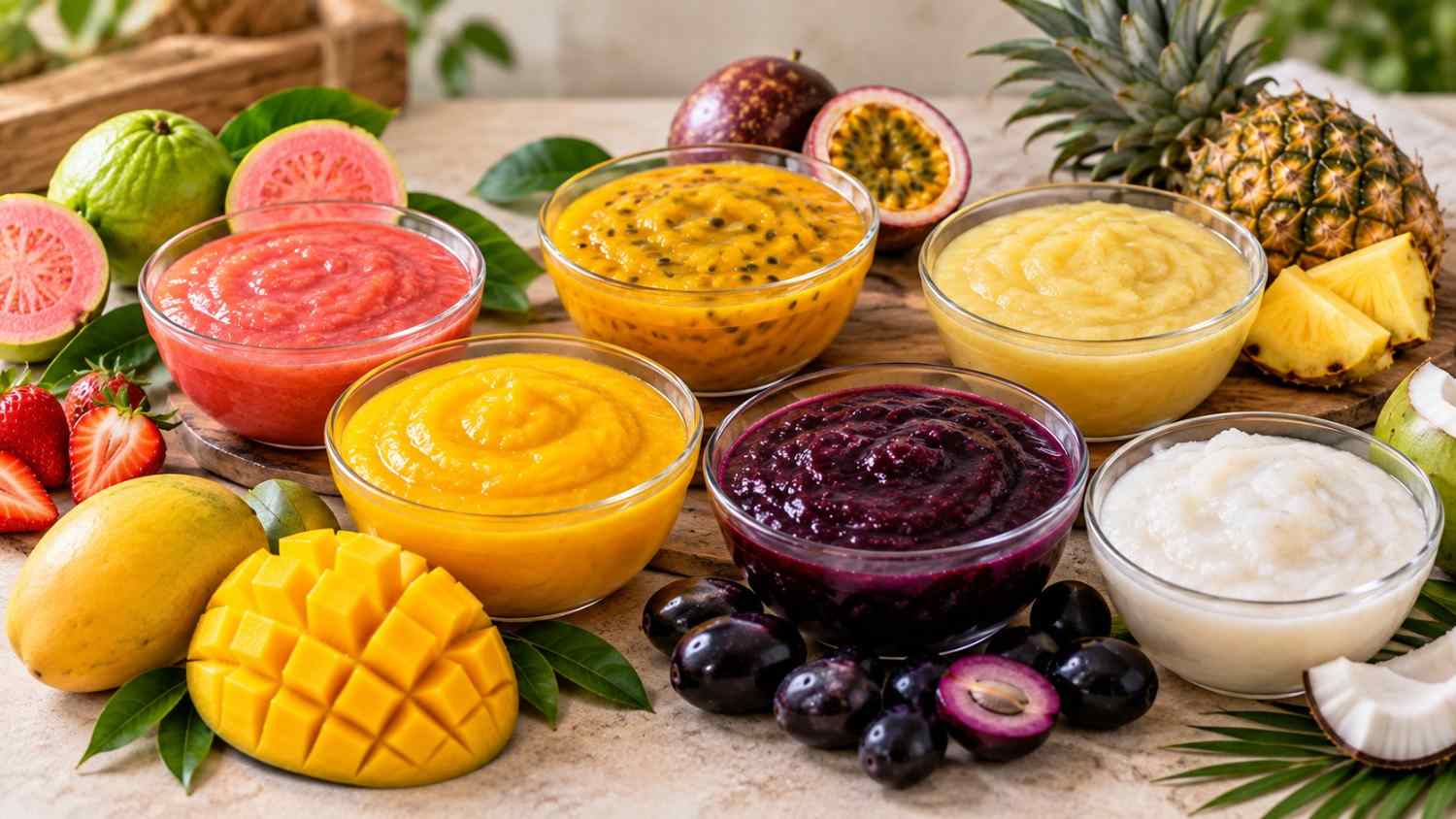 Bowls of fresh fruit pulp — mango, passion fruit, guava, strawberry, banana