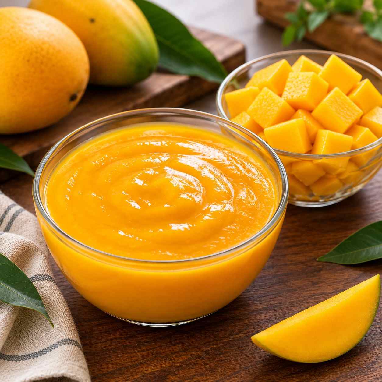 Rich golden mango pulp — Alphonso, Kesar, Banginapalli or Totapuri