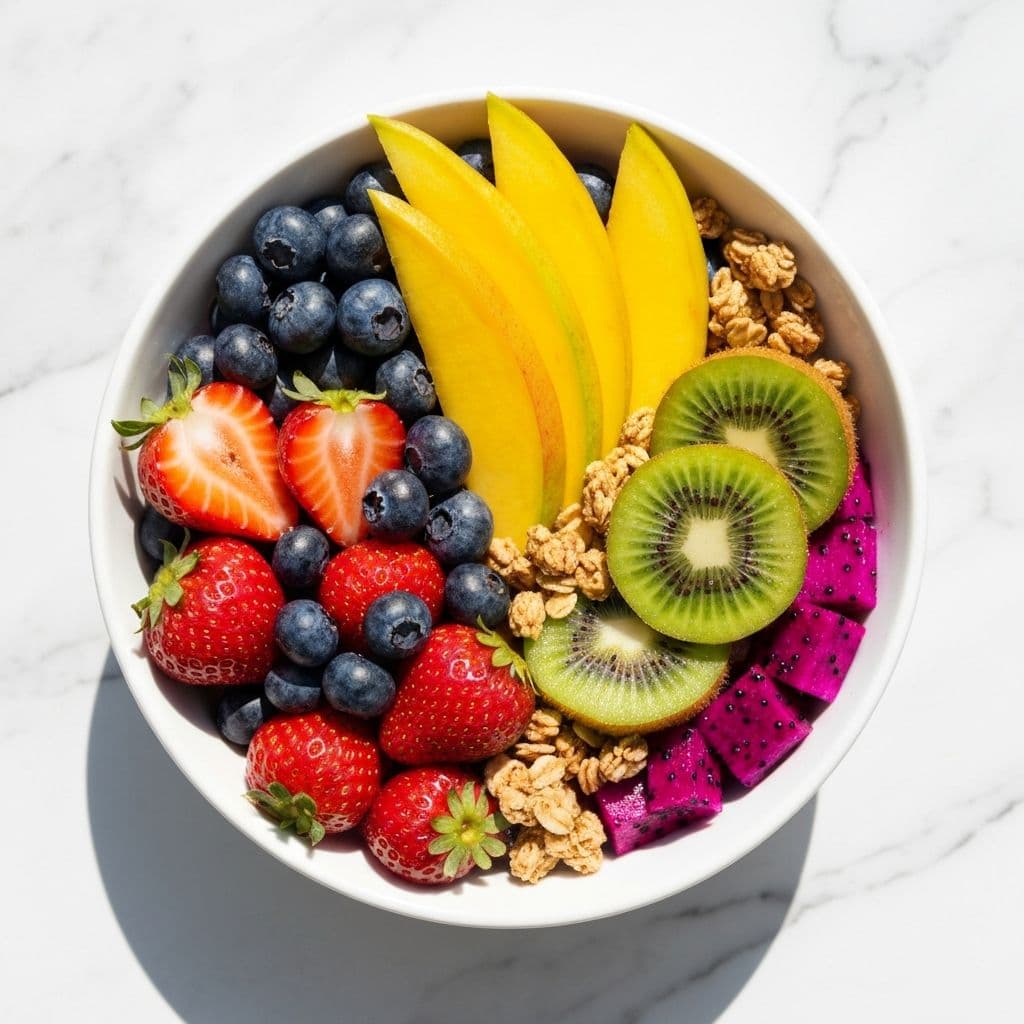 A vibrant fresh fruit bowl with strawberries, blueberries, mango, kiwi, and granola
